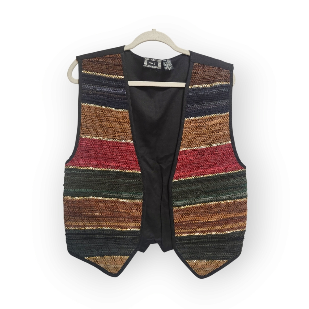 Vintage Leather Colorful Striped Vest‎ Western Unisex Rodeo Metallic Sz M